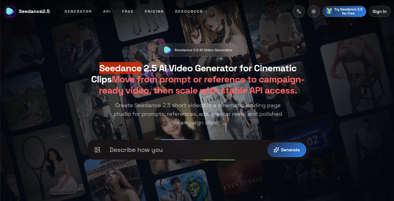Screenshot of Seedance2.5 – An AI tool in the ,AI Animated Video ,AI Image to Video ,AI Video Generator ,AI Text to Video  category, showcasing its interface and key features.
