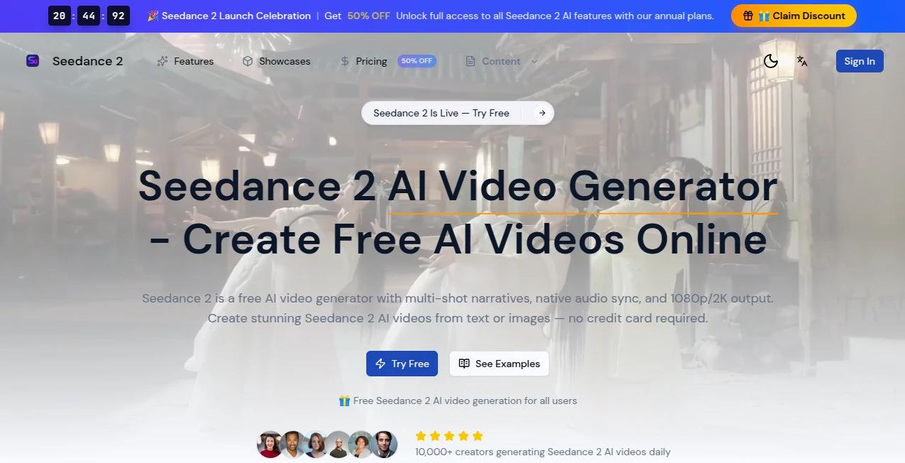 Screenshot of Seedance 2 AI Video Generator – An AI tool in the ,AI Animated Video ,AI Image to Video ,AI Video Generator ,AI Text to Video  category, showcasing its interface and key features.