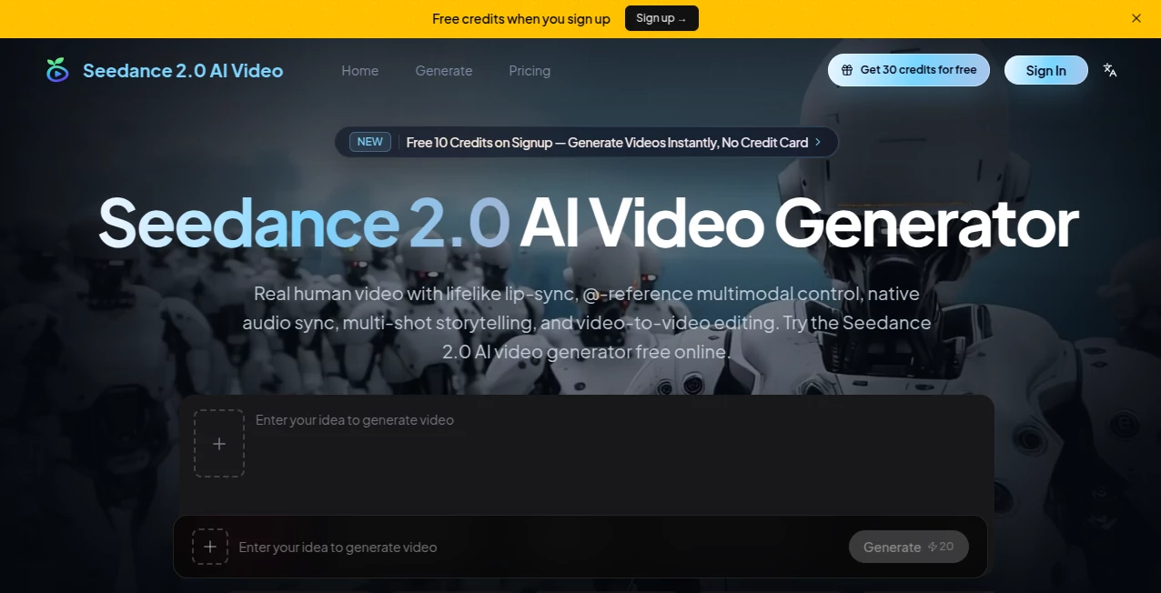 Screenshot of Seedance 2.0 AI Video – An AI tool in the ,AI Image to Video ,AI Video Generator ,AI Text to Video ,AI Voice & Audio Editing  category, showcasing its interface and key features.