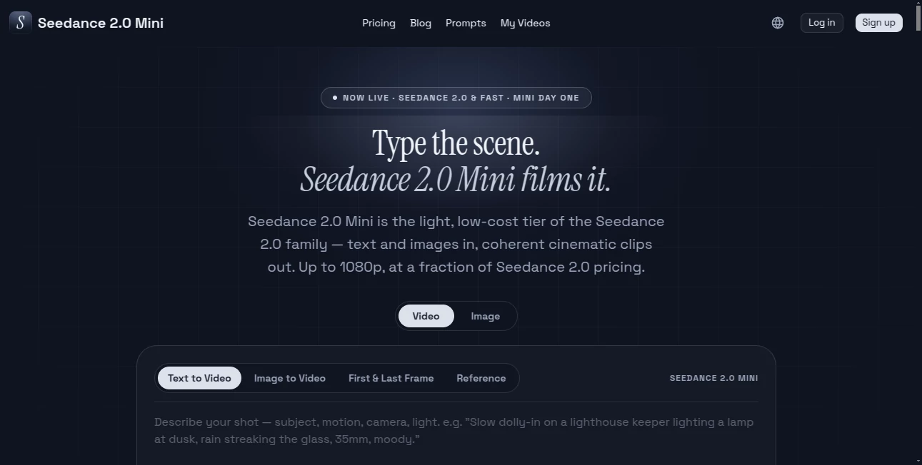 Screenshot of Seedance 2.0 Mini – An AI tool in the ,AI Image to Video ,AI Video Generator ,AI Short Clips Generator ,AI Text to Video  category, showcasing its interface and key features.