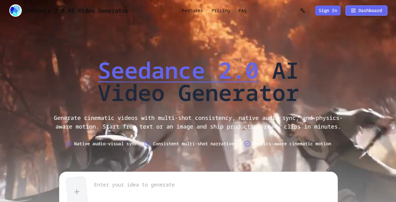 Screenshot of Seedance 2 Pro – An AI tool in the ,AI Animated Video ,AI Image to Video ,AI Video Generator ,AI Text to Video  category, showcasing its interface and key features.