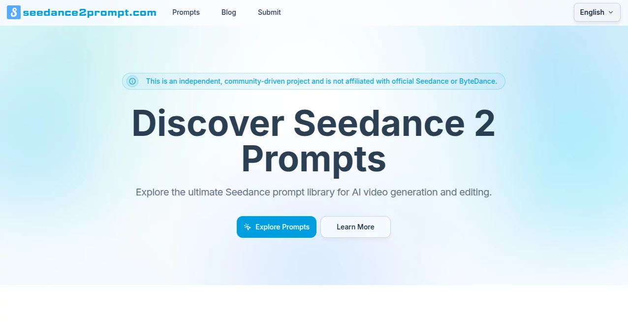 Screenshot of Seedance Prompt – An AI tool in the ,AI Animated Video ,Prompt ,AI Video Generator ,AI Text to Video  category, showcasing its interface and key features.