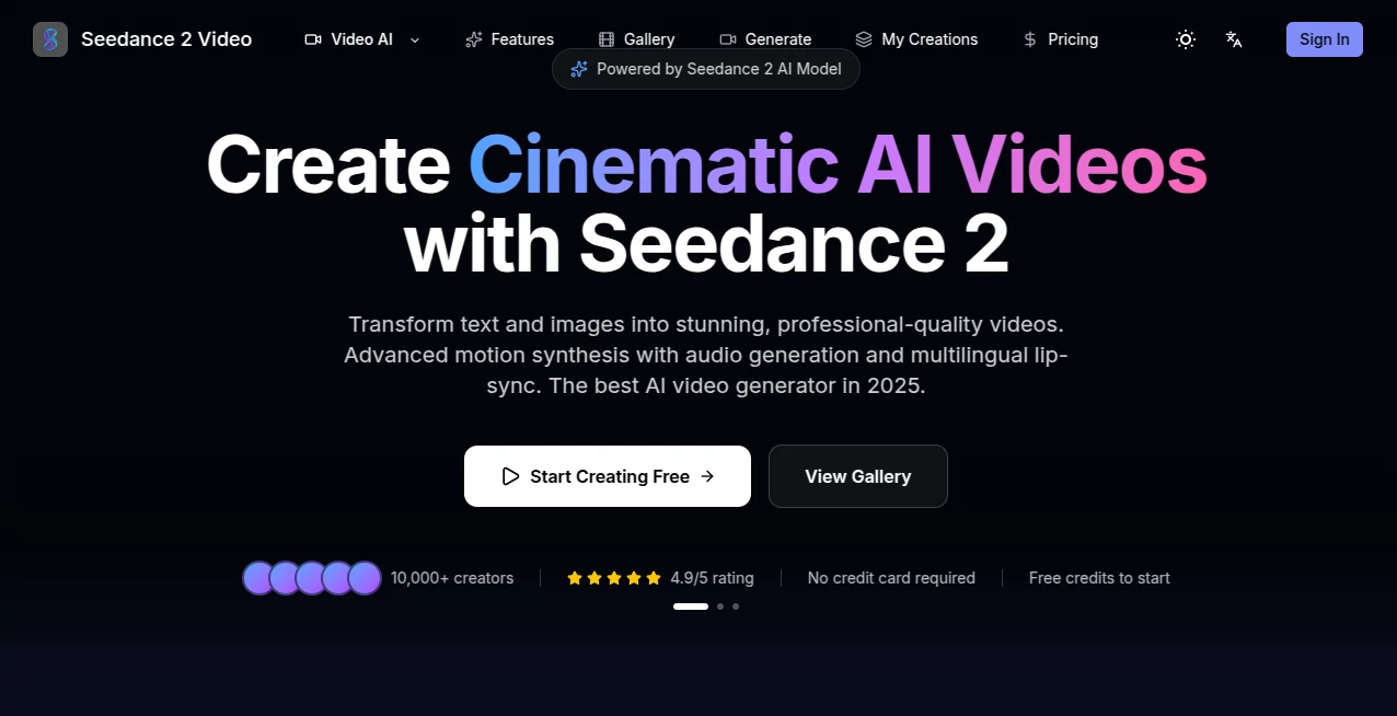 Screenshot of Seedance 2 Video – An AI tool in the ,AI Animated Video ,AI Image to Video ,AI Video Generator ,AI Text to Video  category, showcasing its interface and key features.
