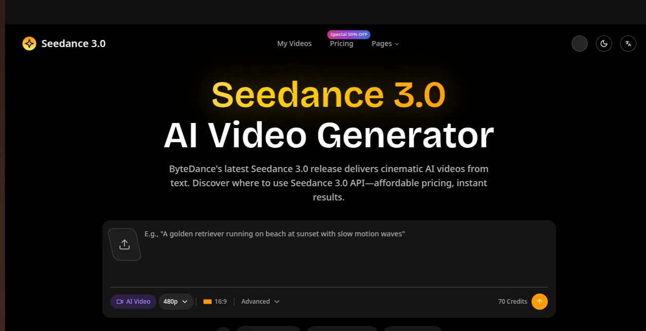 Screenshot of Seedance 3.0 – An AI tool in the ,AI Animated Video ,AI Image to Video ,AI Text to Video ,AI Video Generator  category, showcasing its interface and key features.