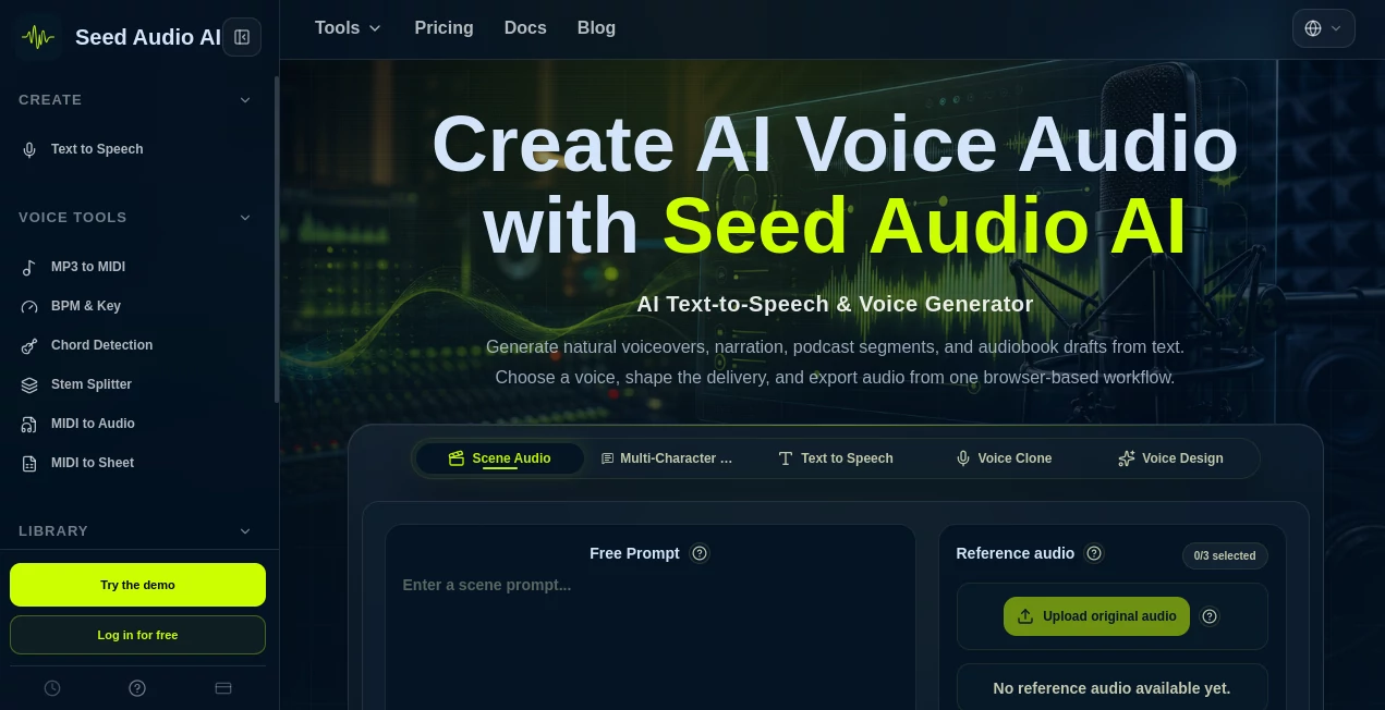 Screenshot of SeedAud AI – An AI tool in the ,AI Voice Chat Generator ,AI Voice Cloning ,AI Text to Speech ,AI Speech Synthesis  category, showcasing its interface and key features.