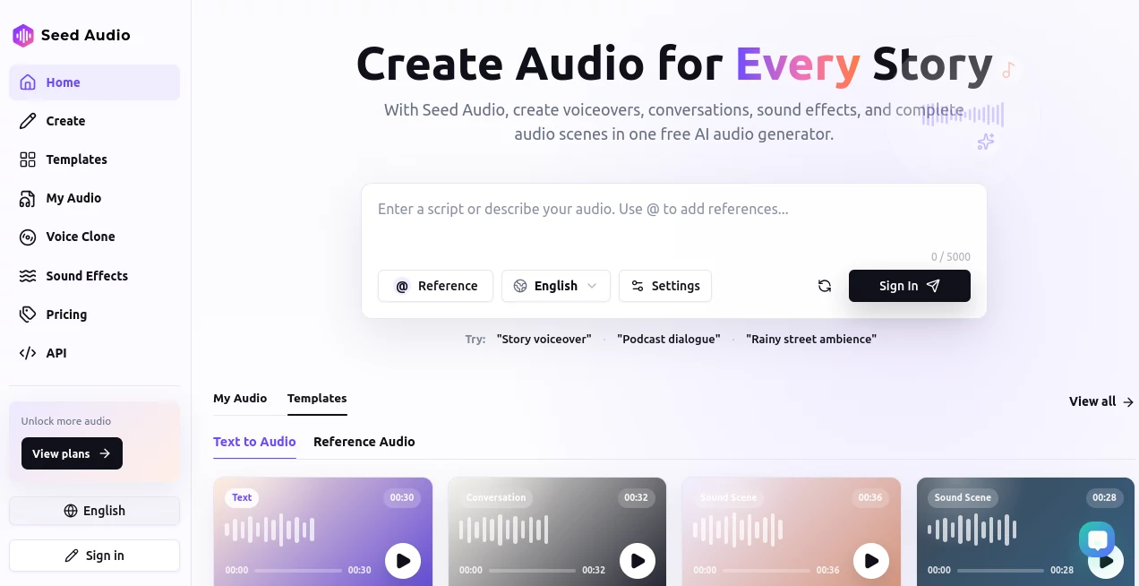 Screenshot of Seed Audio – An AI tool in the ,AI Music Generator ,AI Speech to Text ,AI Voice & Audio Editing ,AI Text to Music  category, showcasing its interface and key features.