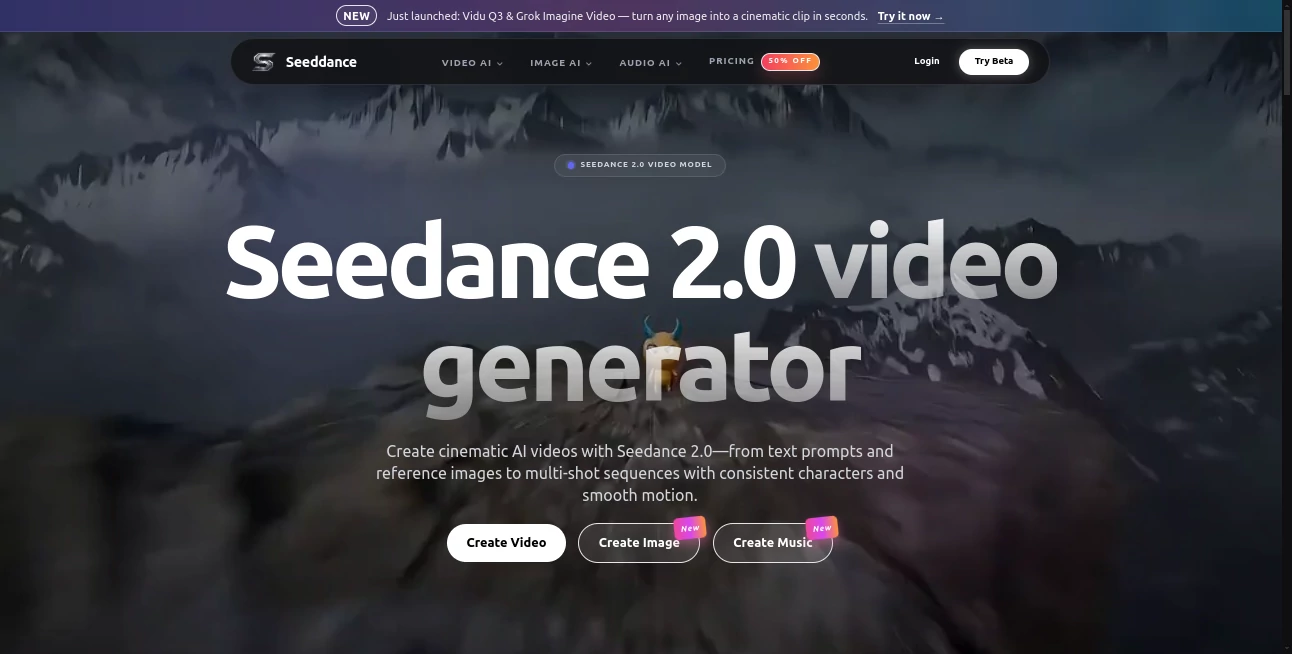 Screenshot of seeddance – An AI tool in the ,AI Animated Video ,AI Image to Video ,AI Video Generator ,AI Text to Video  category, showcasing its interface and key features.