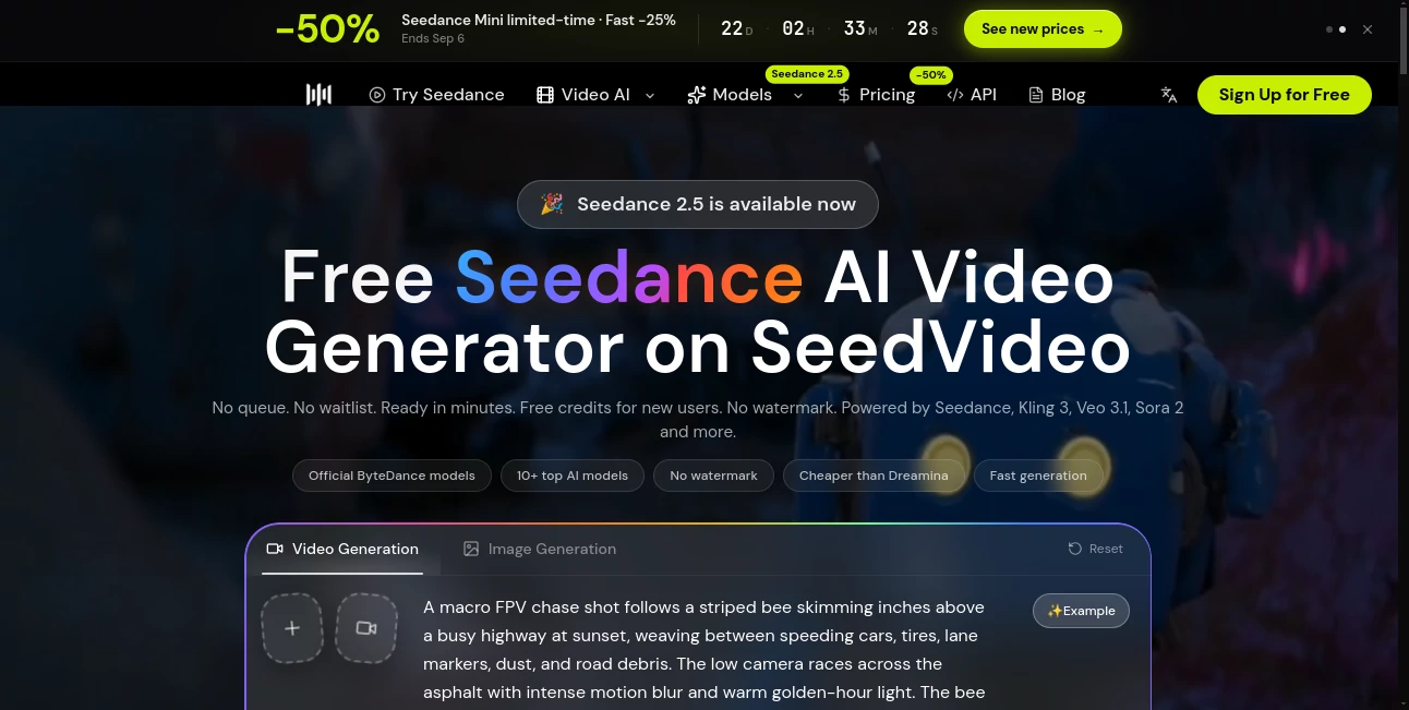 Screenshot of Seedance – An AI tool in the ,AI Video to Video ,AI Image to Video ,AI Video Generator ,AI Text to Video  category, showcasing its interface and key features.