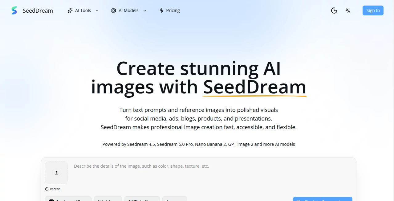 Screenshot of SeedDream – An AI tool in the ,AI Photo & Image Generator ,Photo & Image Editor ,AI Graphic Design ,AI Text to Image  category, showcasing its interface and key features.