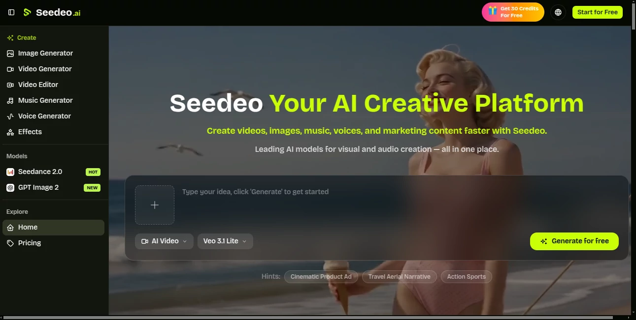 Screenshot of Seedeo – An AI tool in the ,AI Photo & Image Generator ,AI Video Generator ,AI Music Generator ,AI Advertising Assistant  category, showcasing its interface and key features.