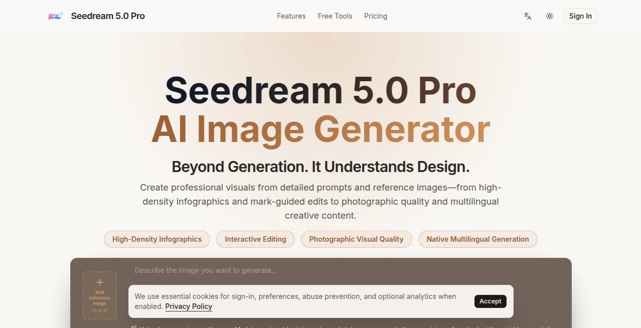 Screenshot of Seedream 5.0 Pro – An AI tool in the ,AI Photo & Image Generator ,AI Poster Generator ,AI Image to Image ,AI Text to Image  category, showcasing its interface and key features.