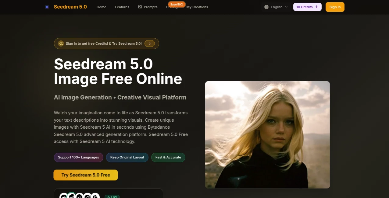 Screenshot of Seedream 5.0 – An AI tool in the ,AI Text to Image ,AI Photo & Image Generator ,AI Image to Image ,AI Design Generator  category, showcasing its interface and key features.