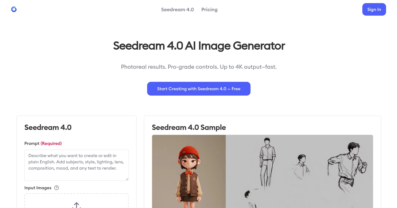 Screenshot of Seedream 4.0 – An AI tool in the ,Photo & Image Editor ,AI Photo Enhancer ,AI Image to Image ,AI Art Generator  category, showcasing its interface and key features.