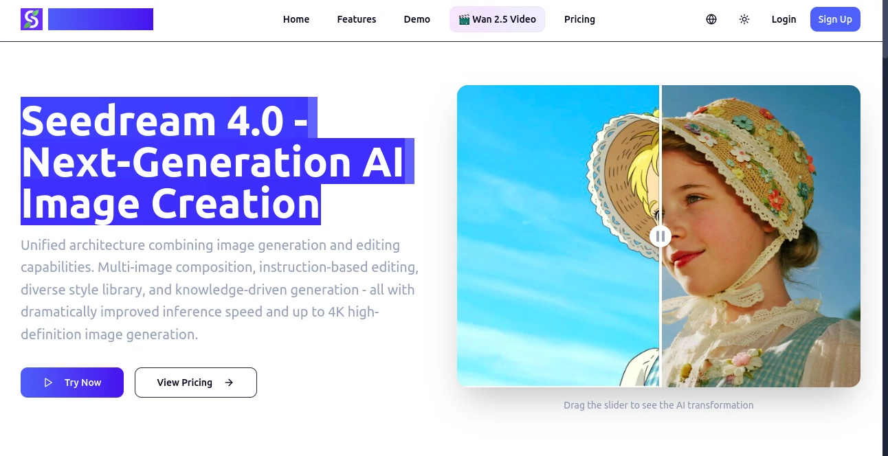 Screenshot of Seedream 4.0 – An AI tool in the ,AI Photo & Image Generator ,Photo & Image Editor ,AI Art Generator ,AI Image to Image  category, showcasing its interface and key features.