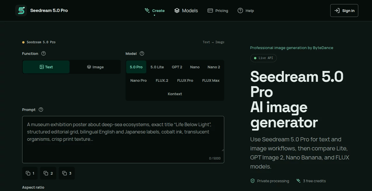 Screenshot of Seedream 5.0 Pro – An AI tool in the ,AI Text to Image ,AI Photo & Image Generator ,AI Poster Generator ,AI Design Generator  category, showcasing its interface and key features.