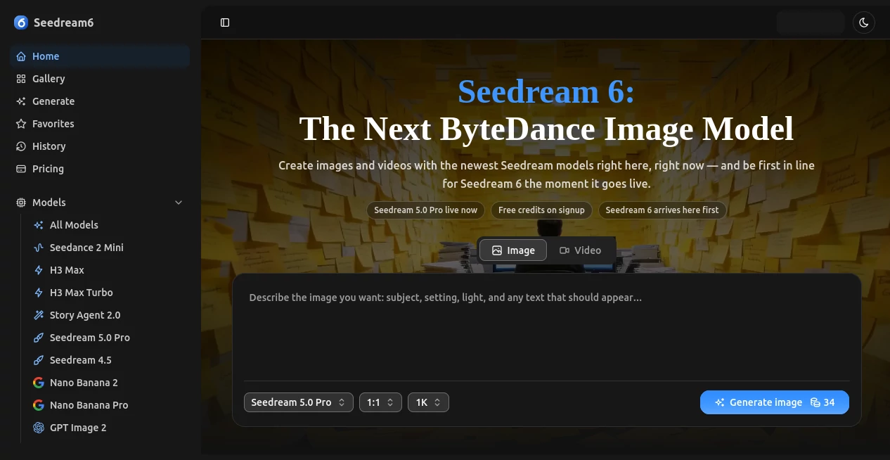 Screenshot of Seedream 6 – An AI tool in the ,AI Photo & Image Generator ,AI Video Generator ,Image ,AI Text to Image  category, showcasing its interface and key features.