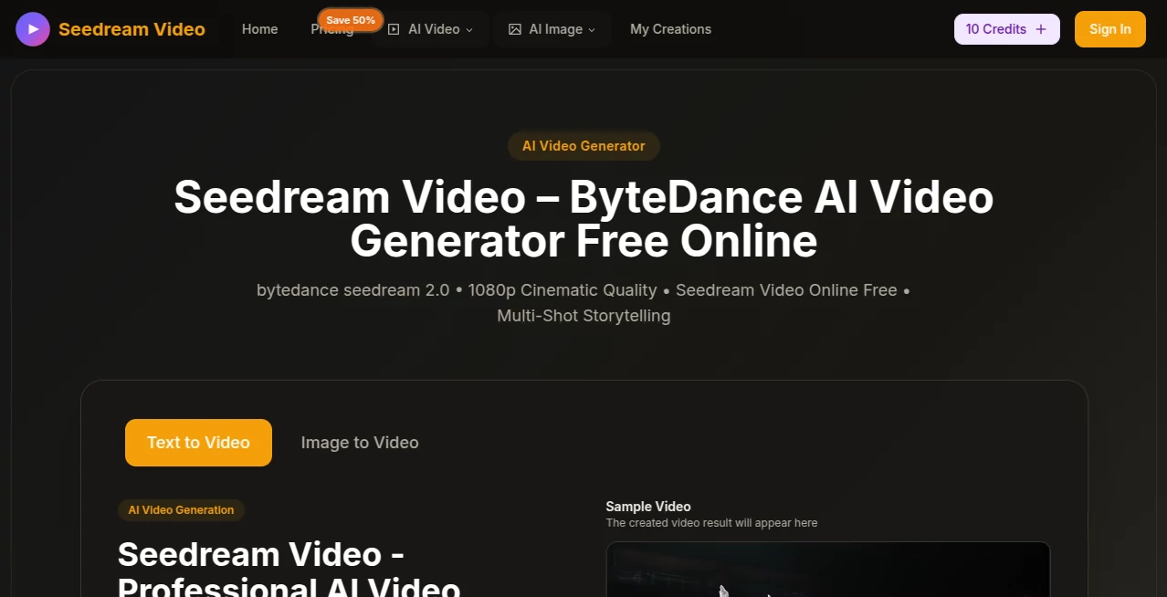 Screenshot of seedream video – An AI tool in the ,AI Animated Video ,AI Image to Video ,AI Video Generator ,AI Text to Video  category, showcasing its interface and key features.