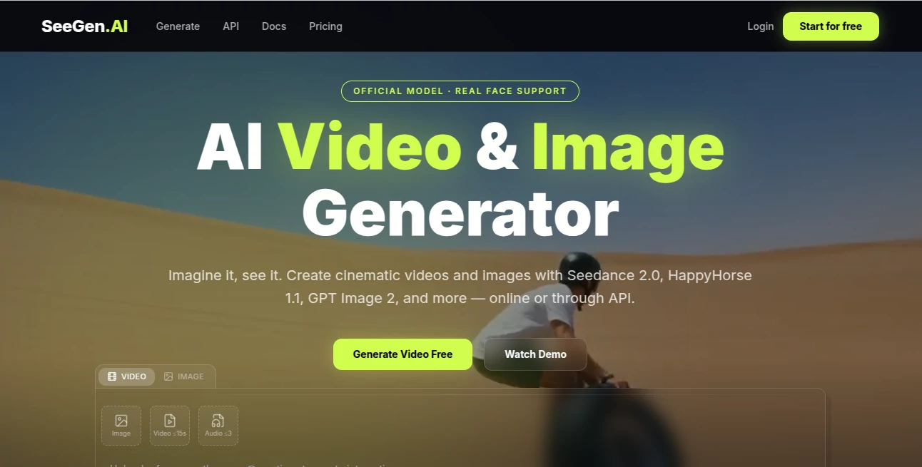 Screenshot of SeeGen.AI – An AI tool in the ,AI Photo & Image Generator ,AI Image to Video ,AI Text to Video ,AI Video Generator  category, showcasing its interface and key features.