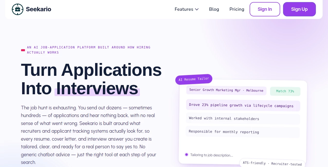 Screenshot of Seekario – An AI tool in the ,AI Content Generator ,AI Productivity Tools ,AI Research Tool ,AI Search Engine  category, showcasing its interface and key features.