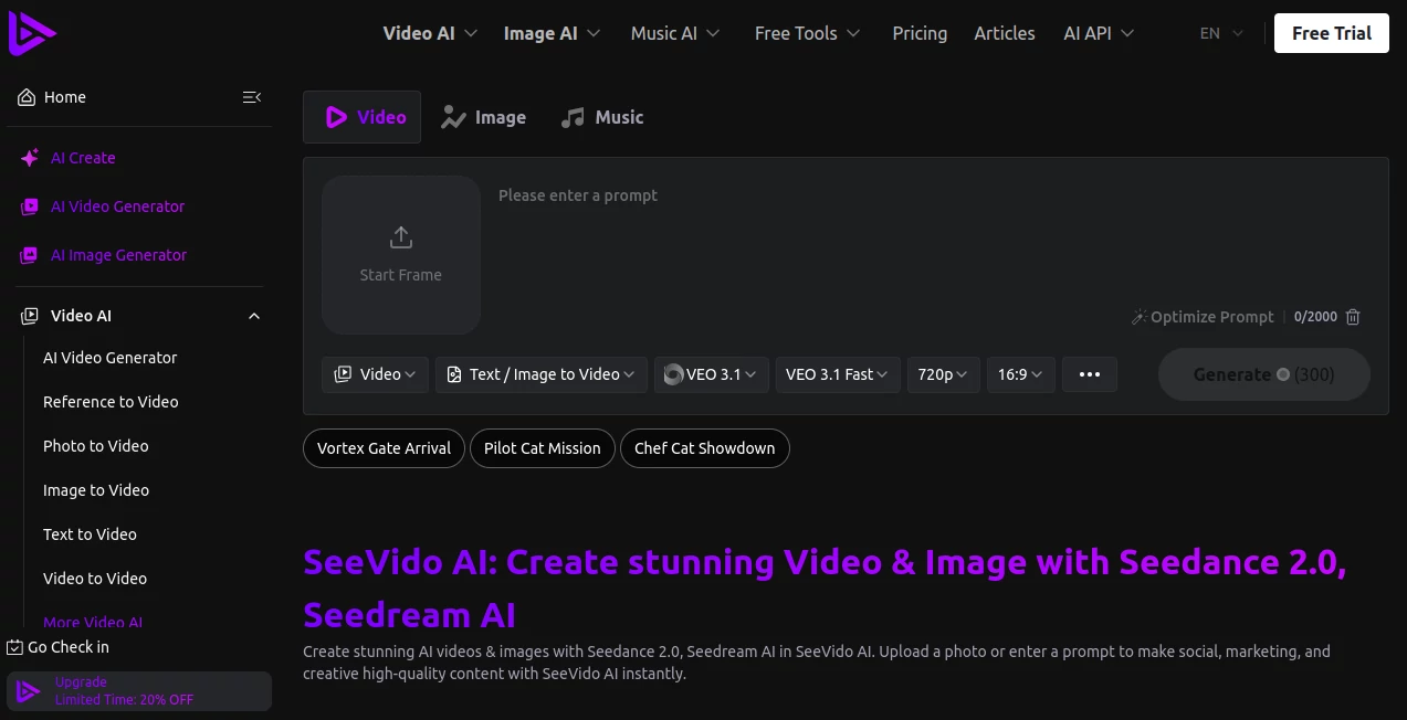 Screenshot of SeeVido AI – An AI tool in the ,AI Photo & Image Generator ,AI Image to Video ,AI Video Editor ,AI Text to Video ,AI Video Generator  category, showcasing its interface and key features.