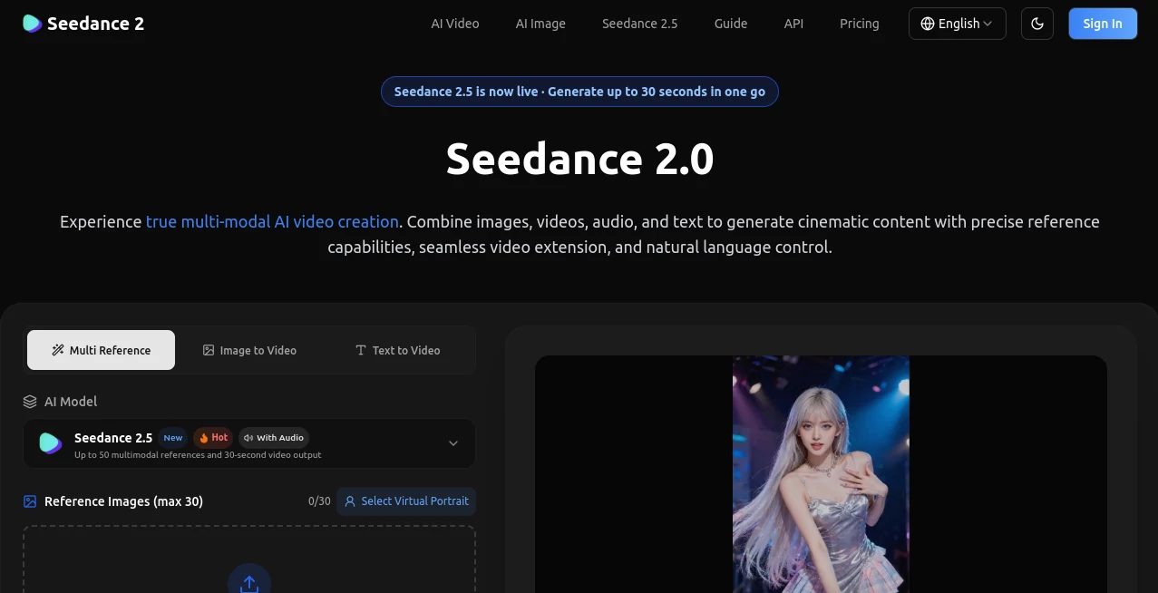 Screenshot of Seedance 2.0 – An AI tool in the ,AI Image to Video ,AI Video Generator ,AI Video Editor ,AI Text to Video  category, showcasing its interface and key features.