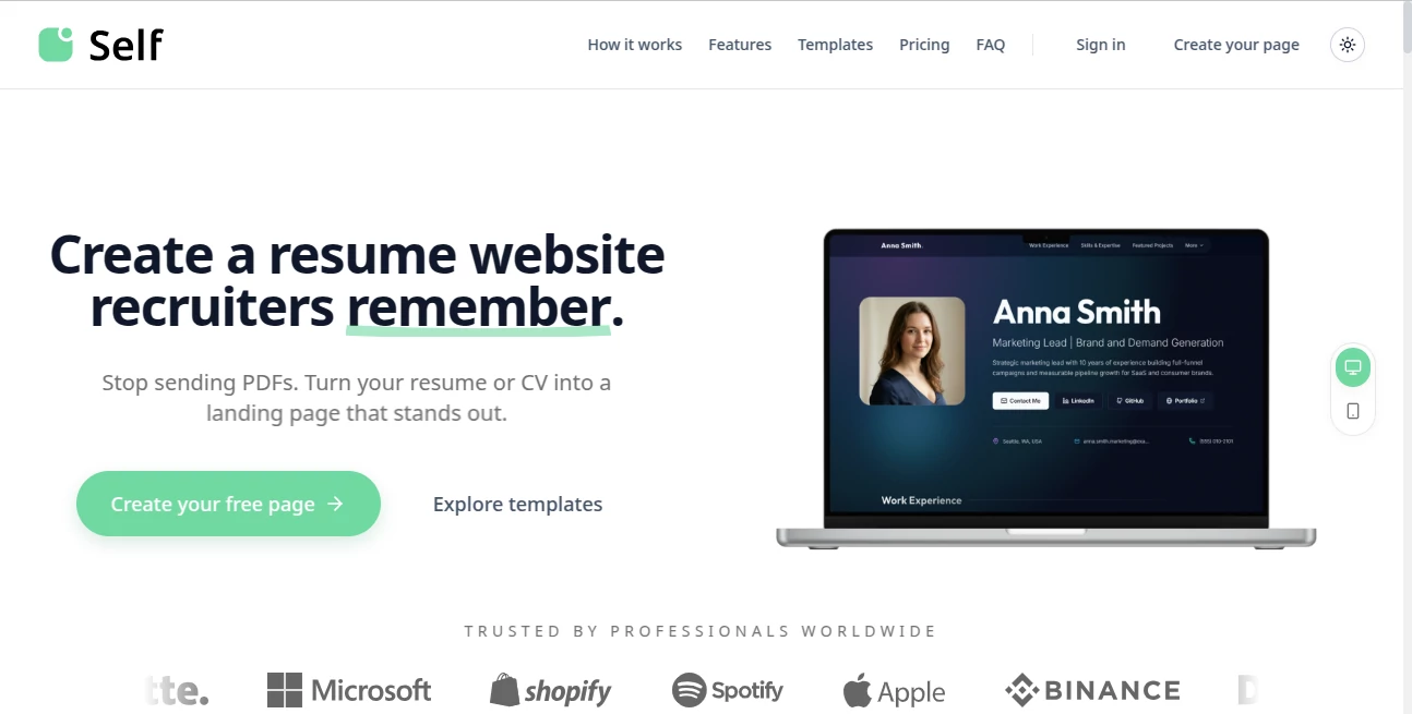 Screenshot of Self.cv – An AI tool in the ,AI Website Builder ,AI Life Assistant ,AI Resume Builder ,AI Cover Letter Generator  category, showcasing its interface and key features.