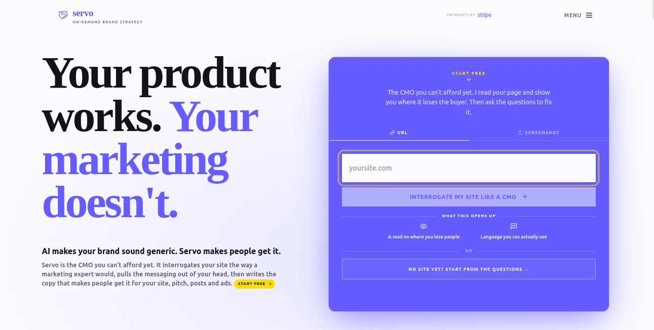 Screenshot of servo – An AI tool in the ,AI Content Generator ,AI Business Ideas Generator ,AI Marketing Plan Generator ,AI Digital Marketing Generator  category, showcasing its interface and key features.