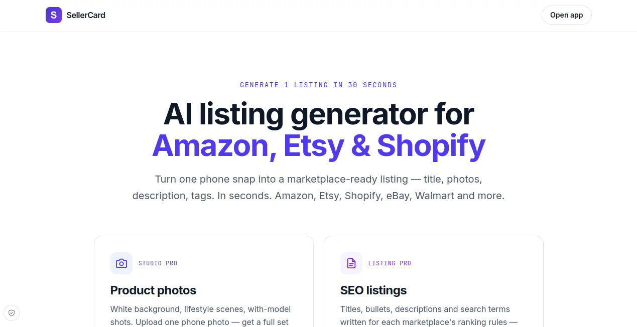 Screenshot of SellerCard – An AI tool in the ,AI Content Generator ,AI Product Description Generator ,AI Photo & Image Generator ,AI E-commerce Assistant  category, showcasing its interface and key features.