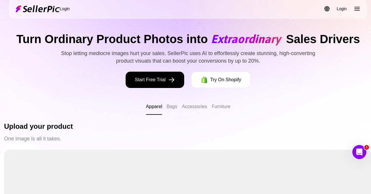 Screenshot of SellerPic – An AI tool in the ,AI Photo & Image Generator ,AI Marketing Plan Generator ,AI E-commerce Assistant ,AI Product Description Generator  category, showcasing its interface and key features.
