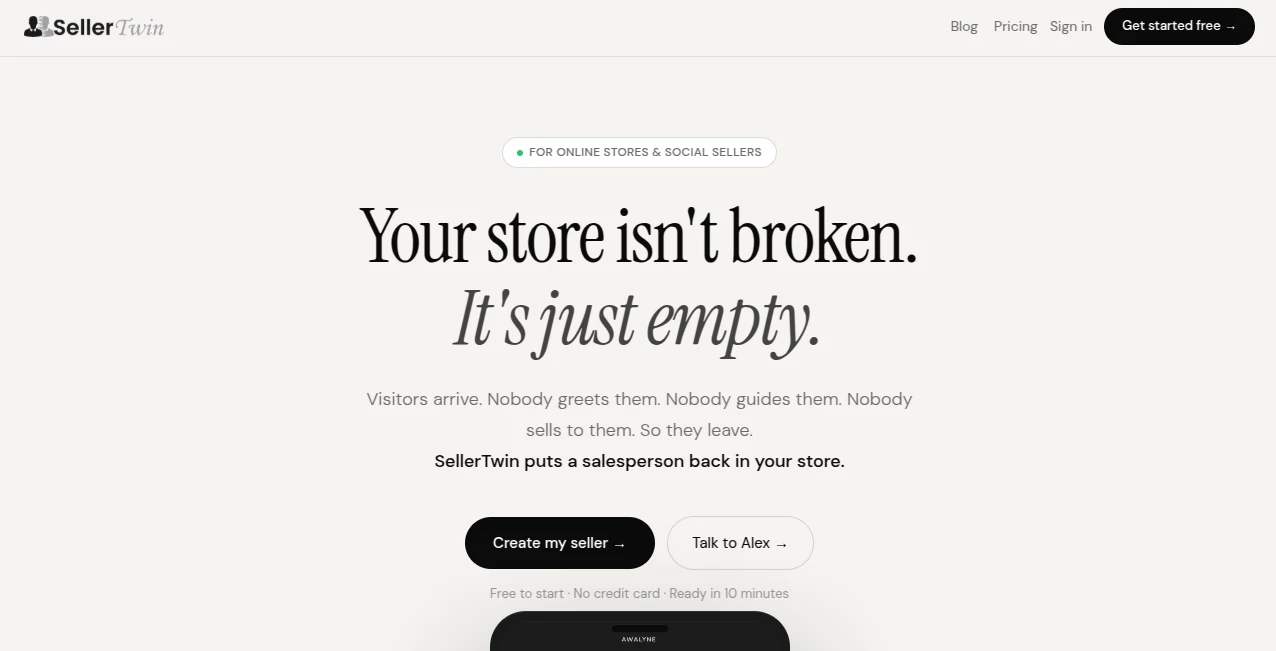Screenshot of Sellertwin – An AI tool in the ,AI Sales Assistant ,AI Customer Service Assistant ,AI E-commerce Assistant ,AI Voice Assistants  category, showcasing its interface and key features.