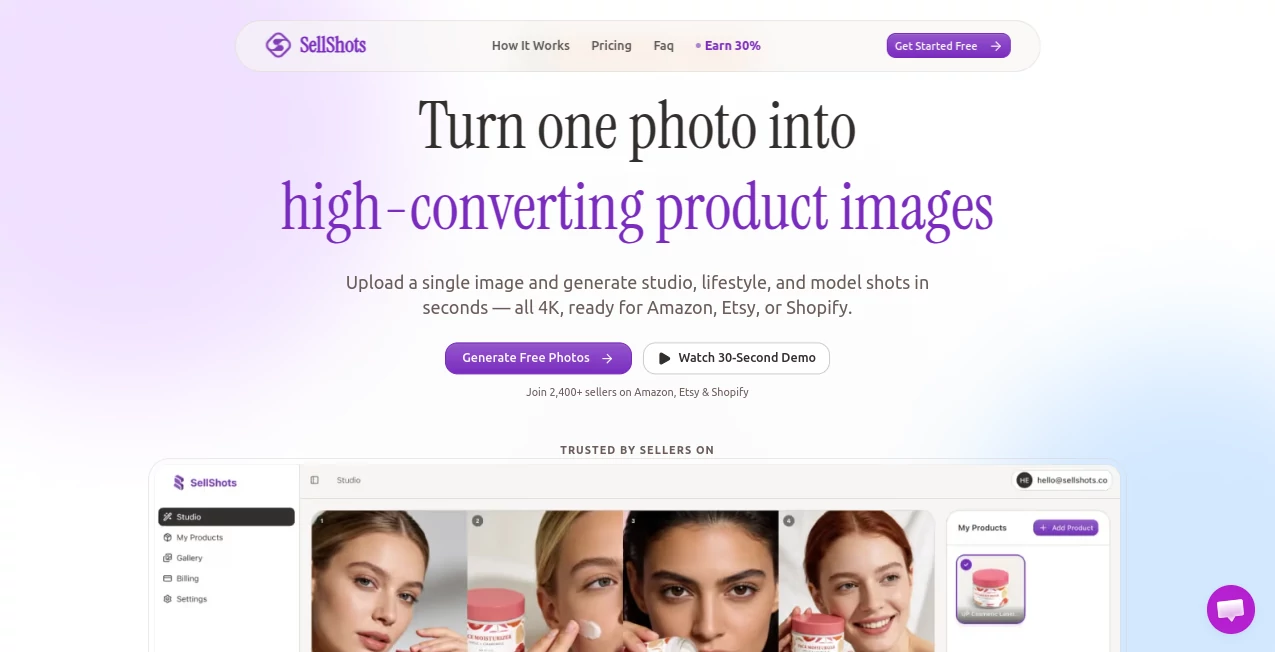 Screenshot of SellShots – An AI tool in the ,AI Photo & Image Generator ,AI Photography ,AI Background Remover ,AI E-commerce Assistant  category, showcasing its interface and key features.