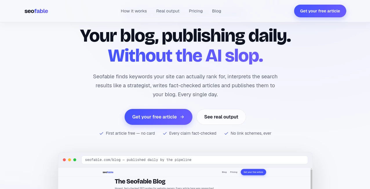Screenshot of seo fable – An AI tool in the ,AI Analytics Assistant ,AI SEO Assistant ,AI Marketing Plan Generator ,AI Digital Marketing Generator  category, showcasing its interface and key features.