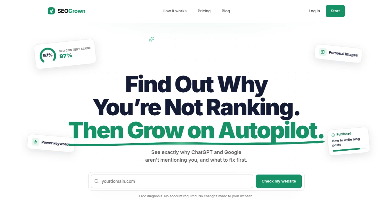 Screenshot of SEOGrown – An AI tool in the ,AI Analytics Assistant ,AI SEO Assistant ,AI Marketing Plan Generator ,AI Digital Marketing Generator  category, showcasing its interface and key features.