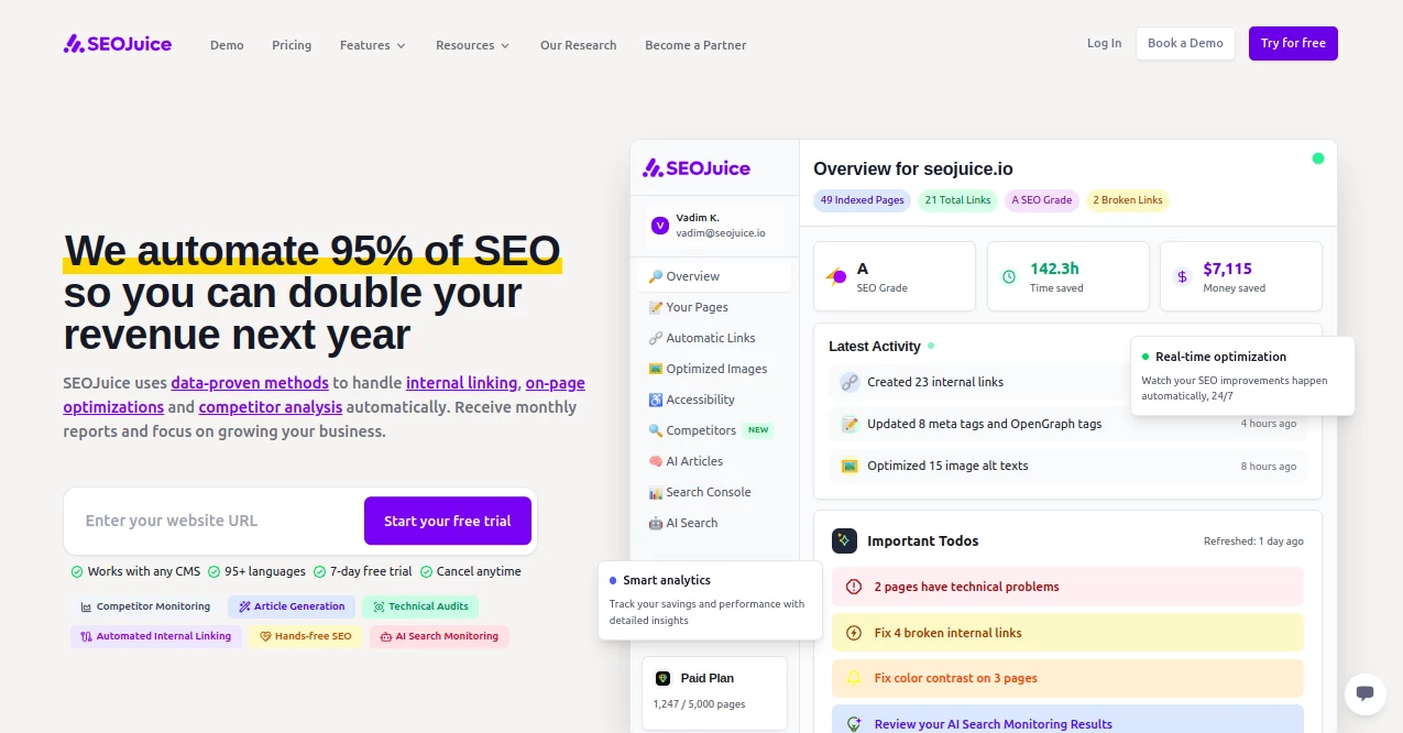 Screenshot of SEOJuice – An AI tool in the ,AI SEO Assistant ,AI Content Generator ,AI Research Tool ,AI Marketing Plan Generator  category, showcasing its interface and key features.