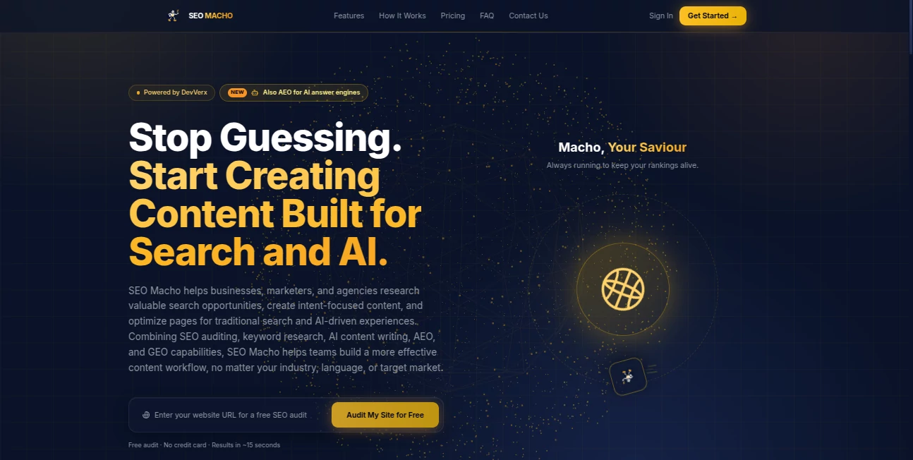 Screenshot of SEO Macho – An AI tool in the ,AI Contract Management ,Marketing  category, showcasing its interface and key features.