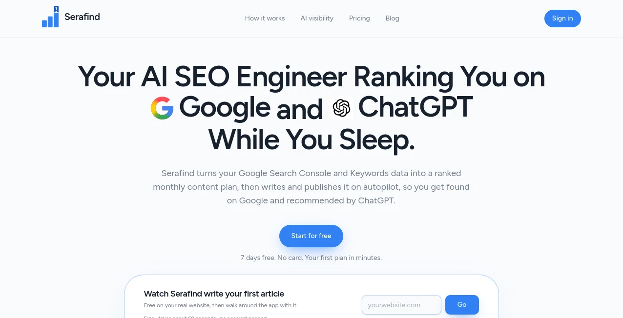 Screenshot of Serafind – An AI tool in the ,AI Blog Writer ,Marketing  category, showcasing its interface and key features.