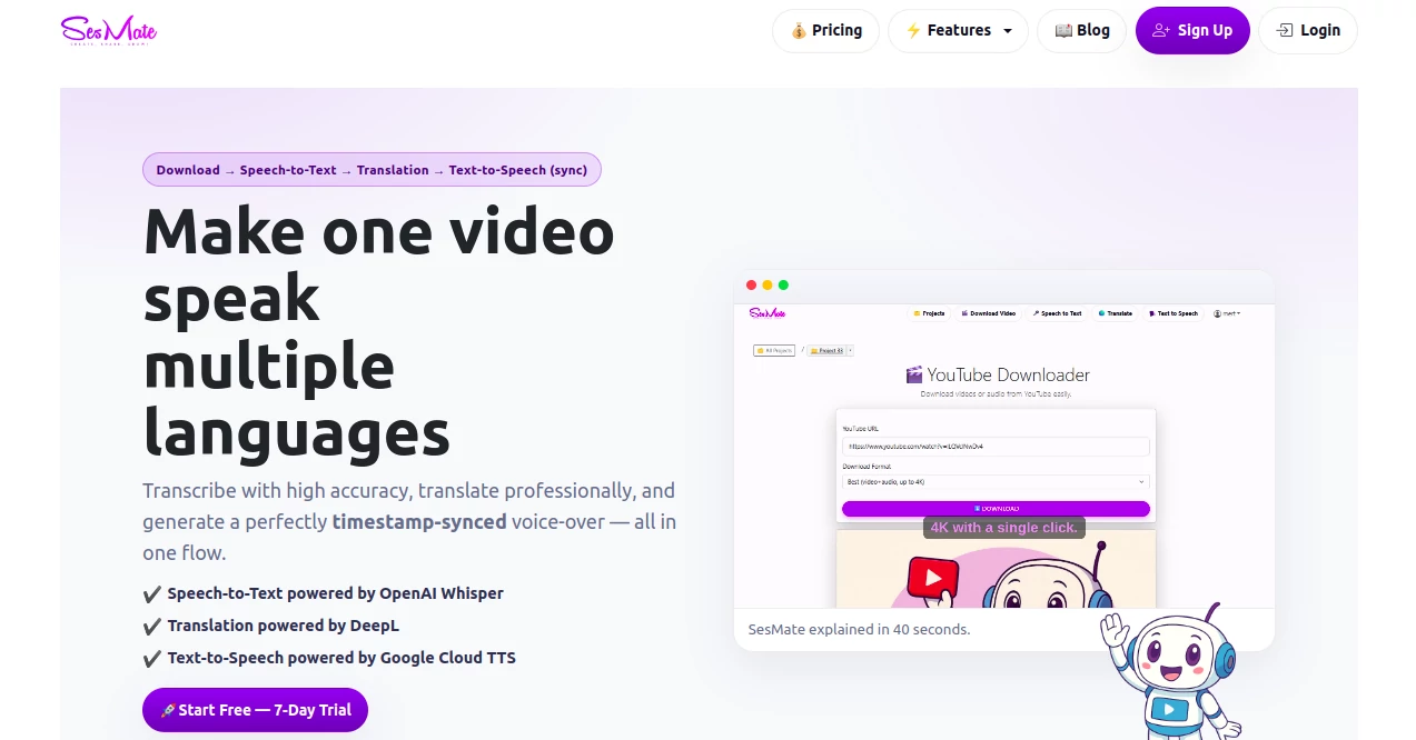 Screenshot of SesMate – An AI tool in the ,AI Translate ,AI Video Generator ,AI Transcription ,AI Speech Synthesis  category, showcasing its interface and key features.