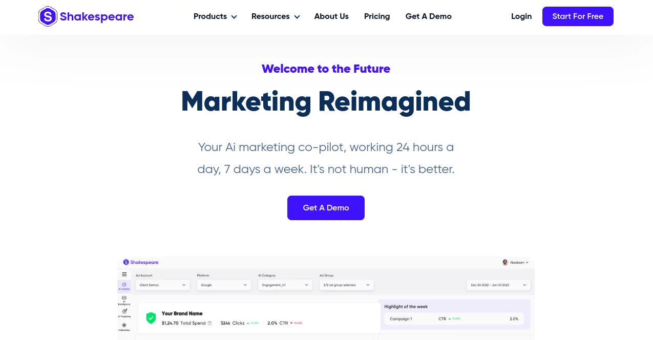 Screenshot of Shakespeare AI – An AI tool in the ,AI Ad Creative Assistant ,AI Marketing Plan Generator ,AI Analytics Assistant ,AI Advertising Assistant  category, showcasing its interface and key features.