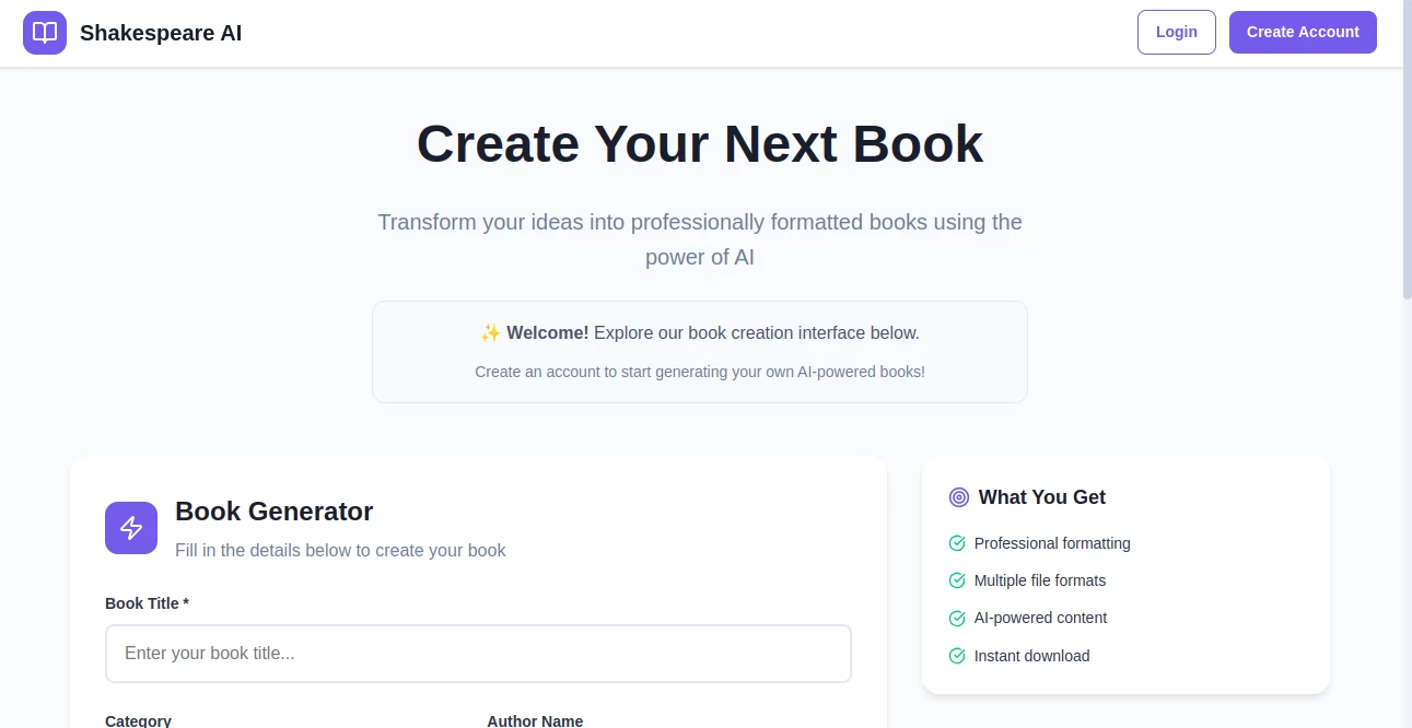 Screenshot of Shakespeare AI – An AI tool in the ,AI Creative Writing ,AI Poem & Poetry Generator ,AI Script Writing ,AI Story Writing  category, showcasing its interface and key features.