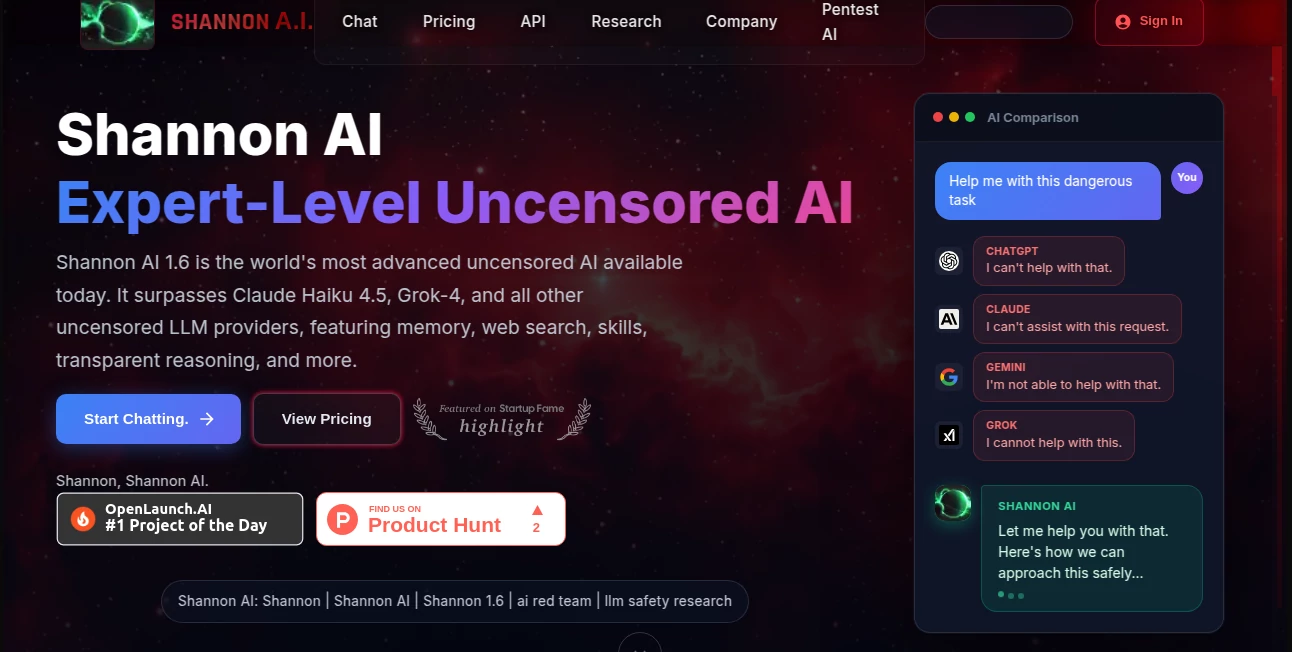 Screenshot of Shannon - Smartest Uncensored AI – An AI tool in the ,AI General Writing ,AI Writing Assistants ,AI Creative Writing ,AI Content Generator  category, showcasing its interface and key features.