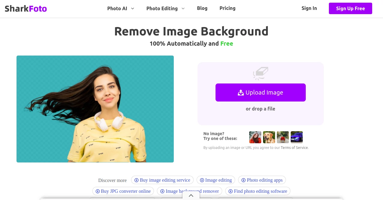 Screenshot of SharkFoto – An AI tool in the ,AI Background Remover ,Photo & Image Editor ,AI Photo Enhancer  category, showcasing its interface and key features.