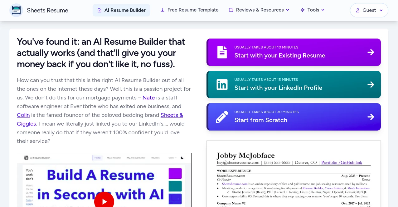 Screenshot of Sheets Resume – An AI tool in the ,AI Cover Letter Generator ,AI Interview Assistant ,AI Recruiting ,AI Resume Builder  category, showcasing its interface and key features.