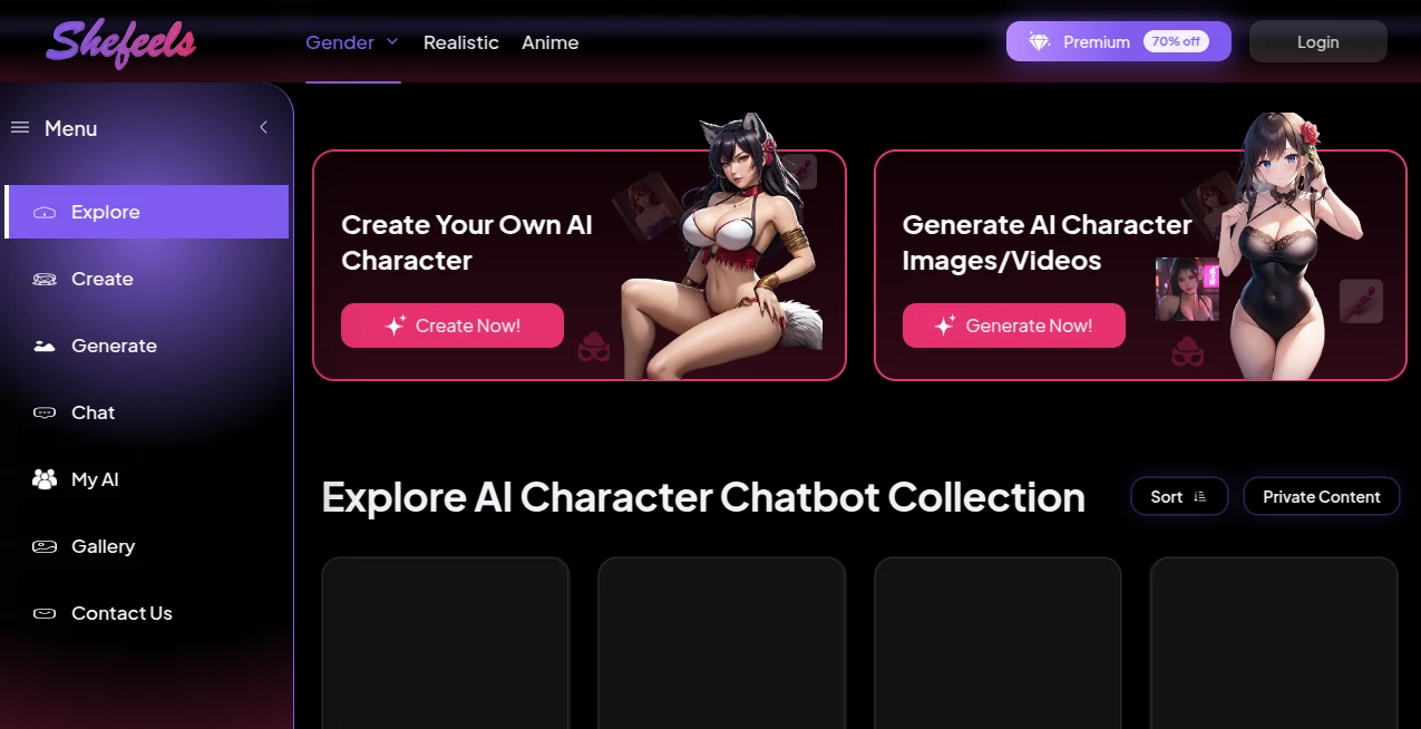 Screenshot of SheFeels AI – An AI tool in the ,AI Life Assistant ,AI Character ,AI Chatbot ,AI Girlfriend  category, showcasing its interface and key features.
