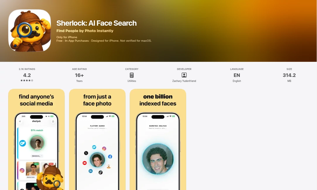Screenshot of Sherlock AI Face Search – An AI tool in the ,AI Selfie & Portrait ,AI Image Scanning ,AI Image Recognition ,AI Face Swap Generator  category, showcasing its interface and key features.