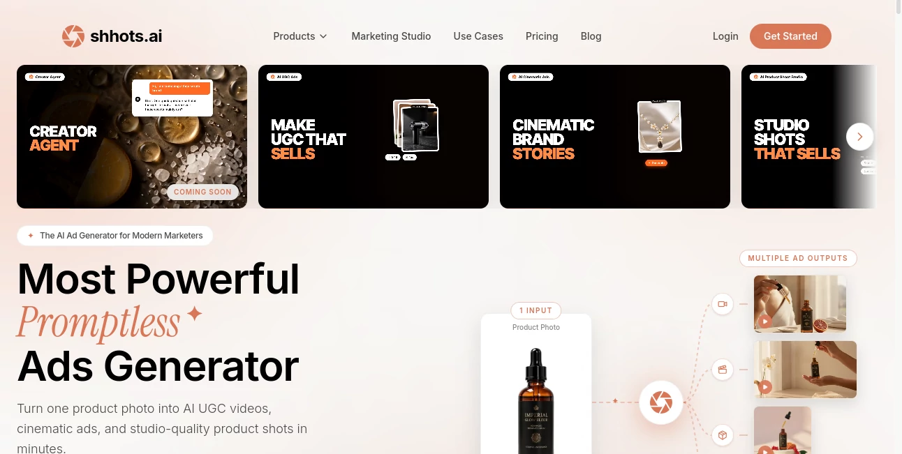 Screenshot of Shhots AI – An AI tool in the ,AI Ad Generator ,AI Video Generator ,AI Advertising Assistant ,AI UGC Video Generator  category, showcasing its interface and key features.