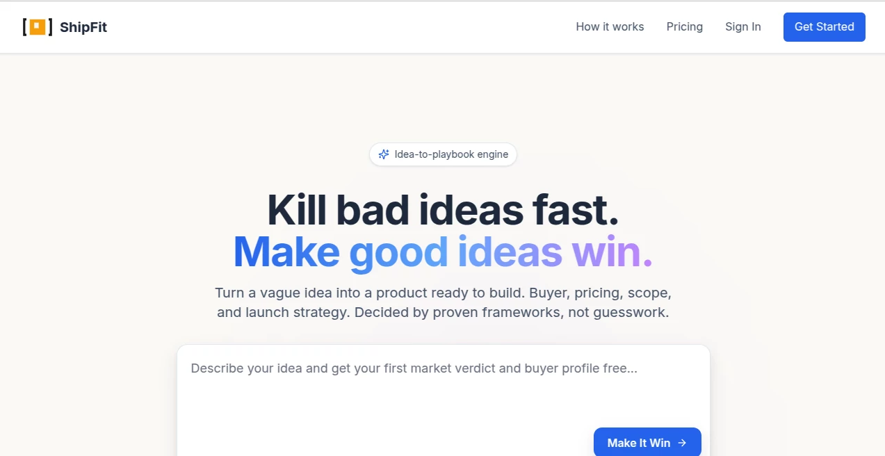 Screenshot of ShipFit – An AI tool in the ,AI Roadmap Generator ,AI Research Tool ,AI Business Ideas Generator ,AI Consulting Assistant  category, showcasing its interface and key features.