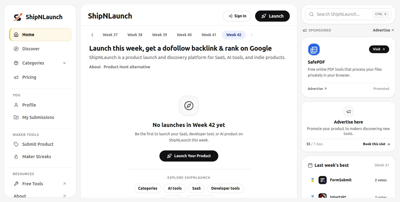 Screenshot of ShipNLaunch – An AI tool in the ,AI Tools Directory ,Marketing  category, showcasing its interface and key features.