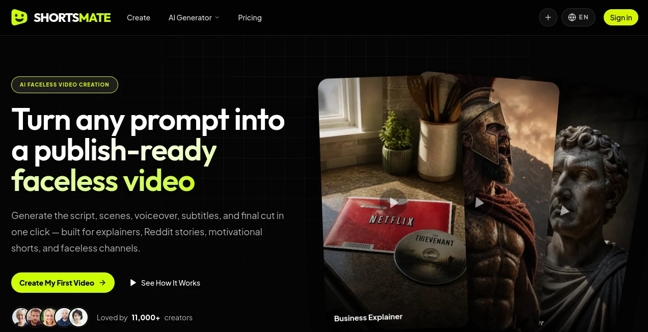 Screenshot of ShortsMate – An AI tool in the ,AI Animated Video ,AI Text to Video ,AI Video Generator ,AI Short Clips Generator  category, showcasing its interface and key features.