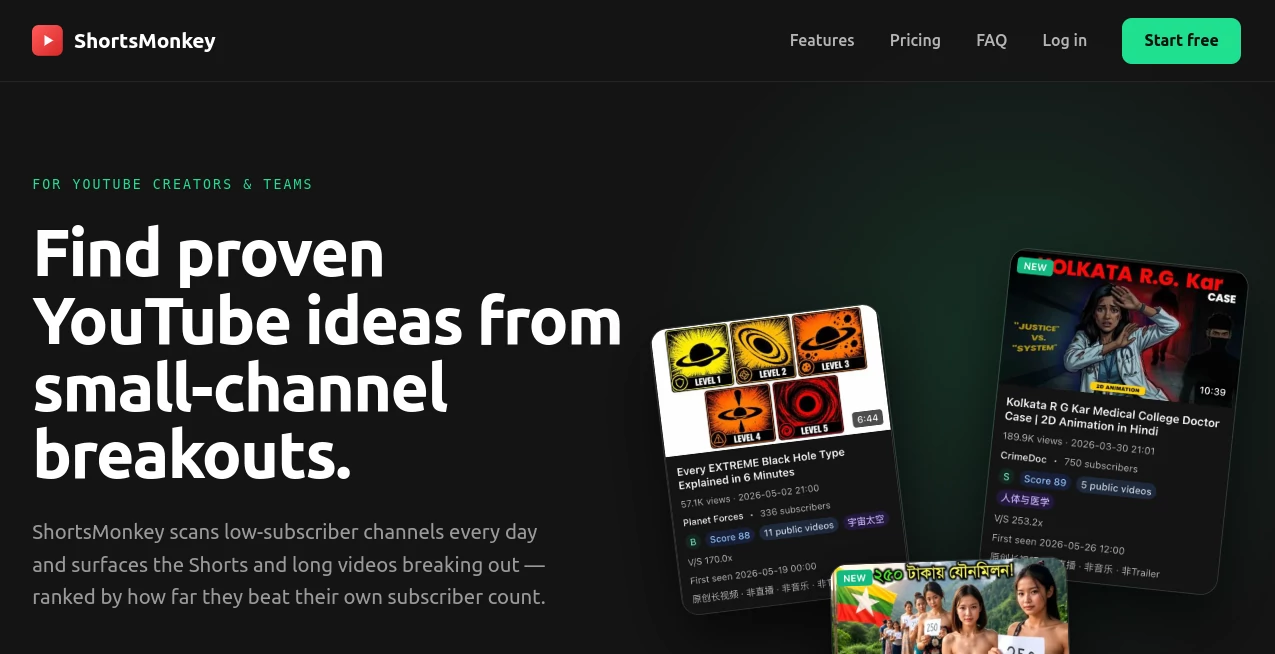 Screenshot of ShortsMonkey – An AI tool in the ,AI YouTube Assistant ,AI Analytics Assistant  category, showcasing its interface and key features.