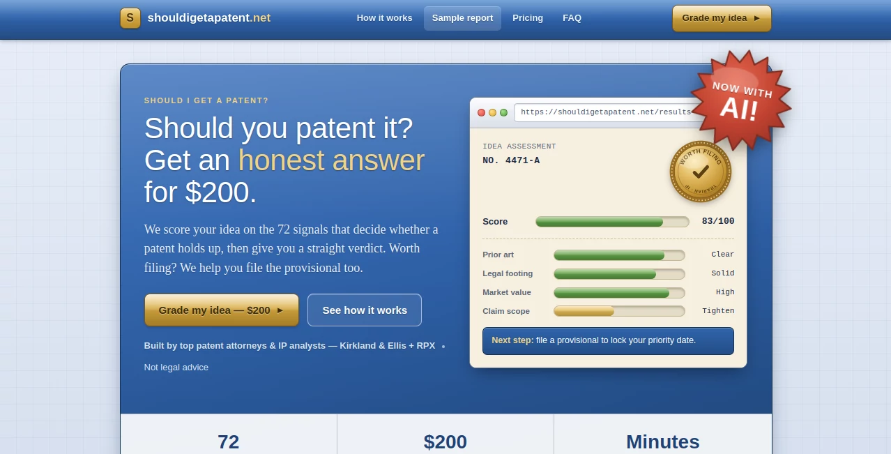 Screenshot of Should I Get a Patent? – An AI tool in the ,AI Productivity Tools ,AI Research Tool ,AI Business Ideas Generator ,AI Legal Assistant  category, showcasing its interface and key features.